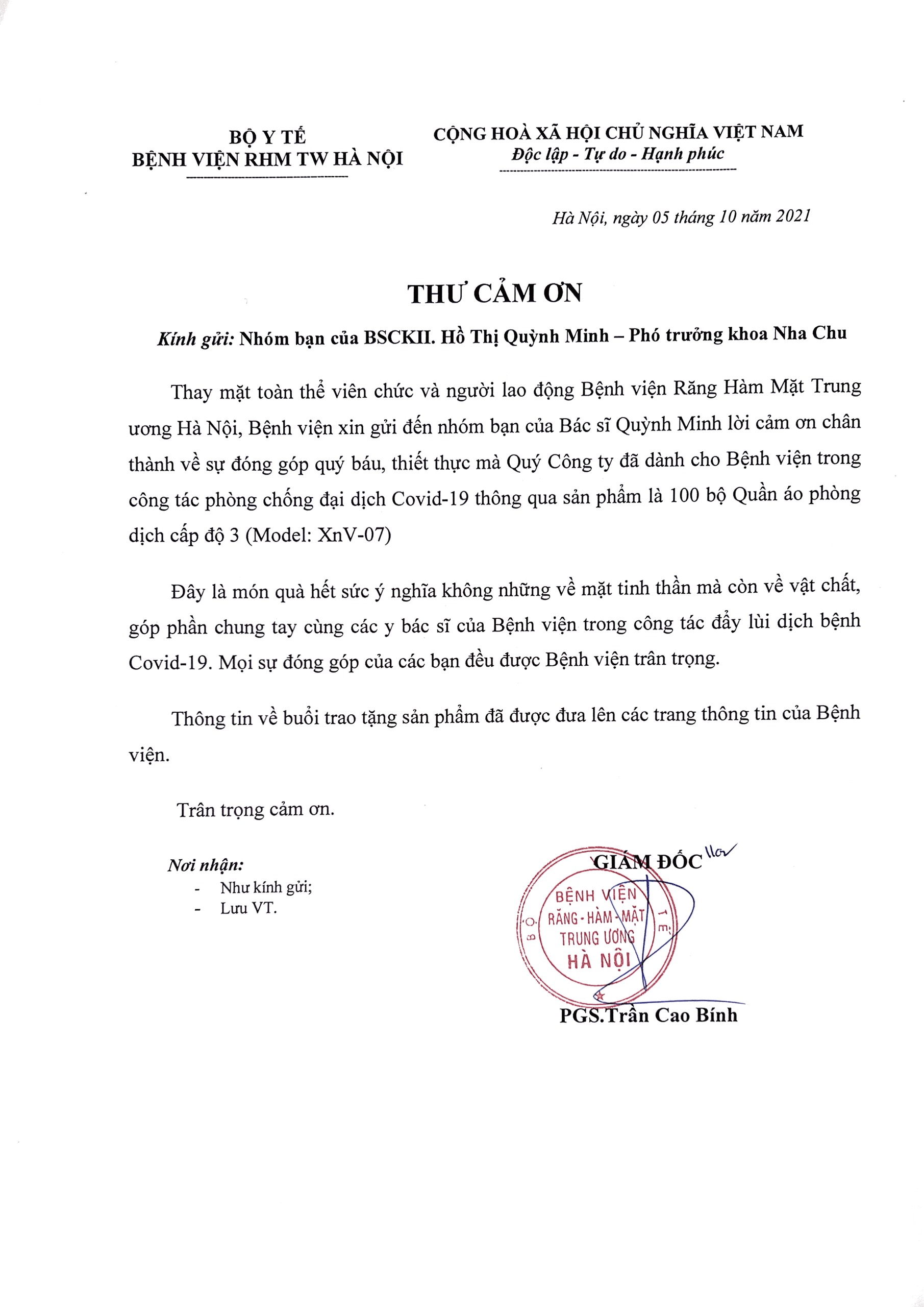 THƯ CẢM ƠN NHÓM BẠN CỦA BSCK II - HỒ THỊ QUỲNH MINH - PHÓ TRƯỞNG KHOA NHA CHU